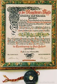 Ehrenbürgerurkunde der Stadt Halle für Julius Kühn